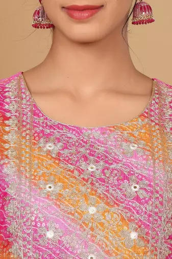 Women Embroidered Mirror Work Kurta with Trousers & Fringed Dupatta