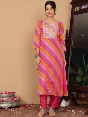 Women Embroidered Mirror Work Kurta with Trousers & Fringed Dupatta 7