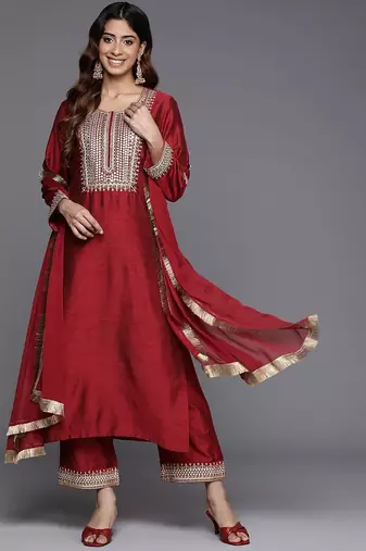 Embroidered Straight Kurta & Trousers With Dupatta
