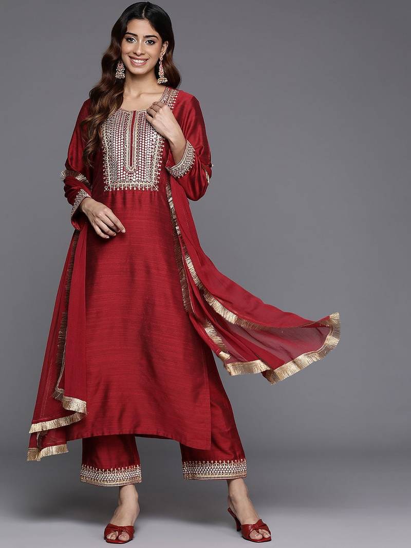 Embroidered Straight Kurta & Trousers With Dupatta