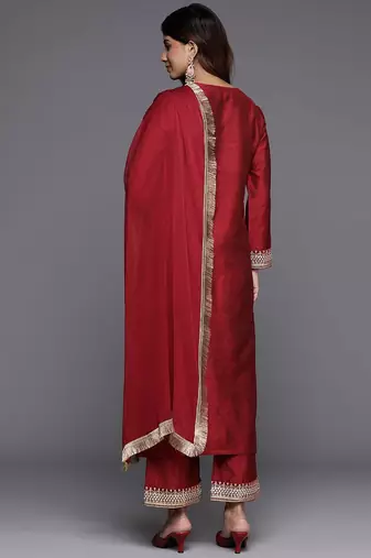 Embroidered Straight Kurta & Trousers With Dupatta
