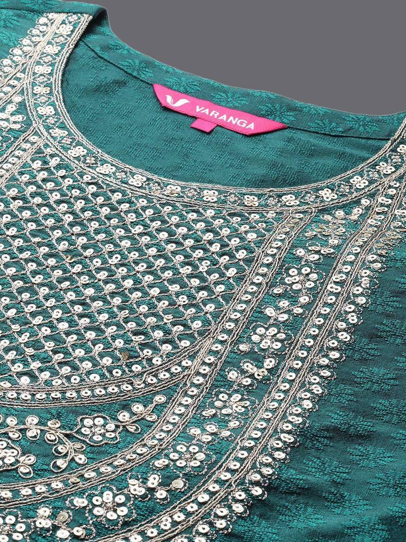 Yoke Design Sequinned Straight Kurta & Trousers With Dupatta