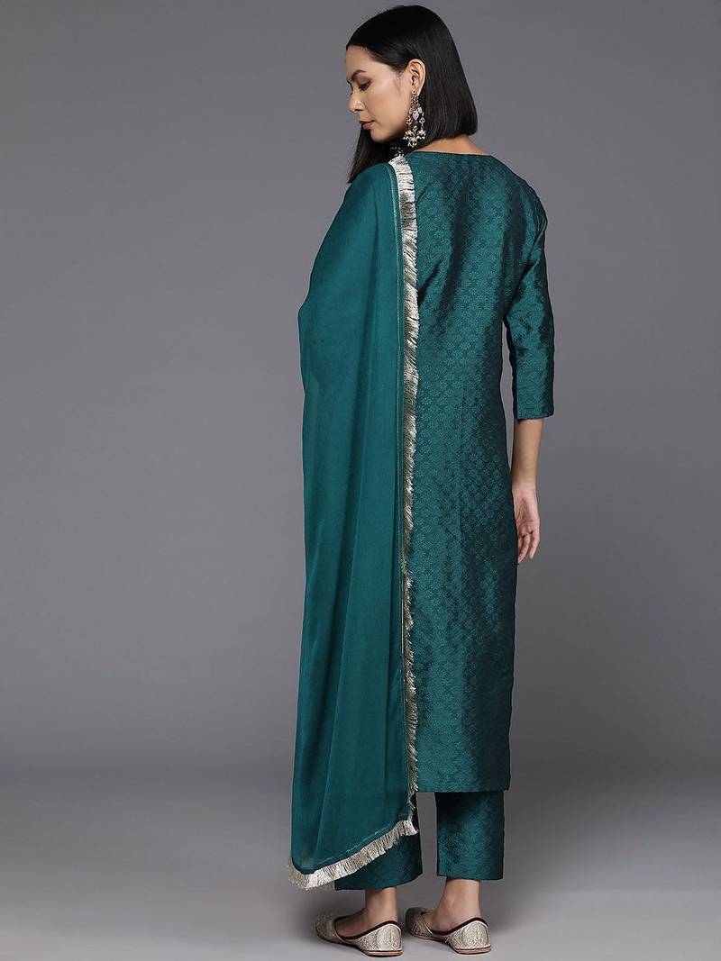 Yoke Design Sequinned Straight Kurta & Trousers With Dupatta