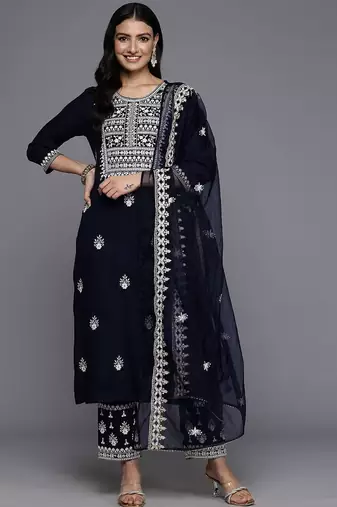 Floral Embroidered Thread Work Kurta With Trousers & Dupatta