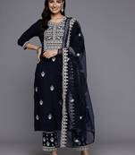 Floral Embroidered Thread Work Kurta With Trousers & Dupatta