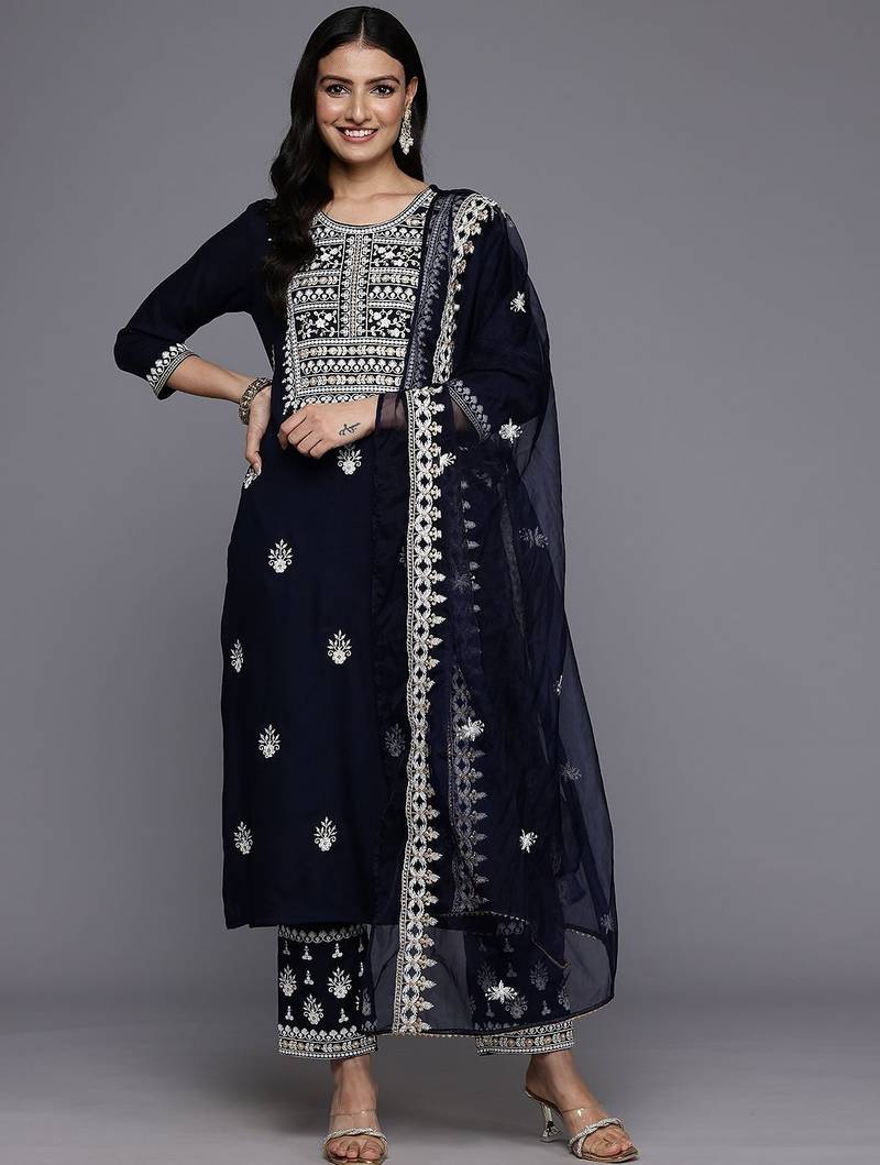 Floral Embroidered Thread Work Kurta With Trousers & Dupatta
