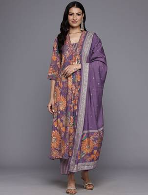 Ethnic Floral Printed Sequinned Kurta With Trousers & Dupatta 1