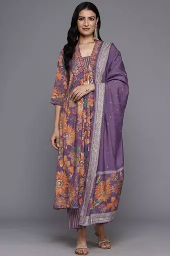 Ethnic Floral Printed Sequinned Kurta With Trousers & Dupatta