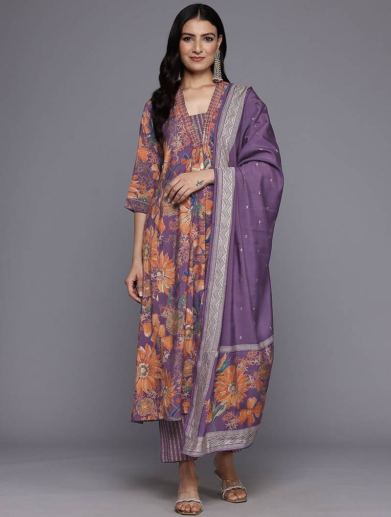 Ethnic Floral Printed Sequinned Kurta With Trousers & Dupatta