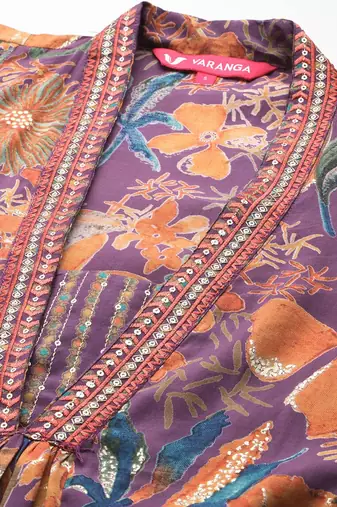 Ethnic Floral Printed Sequinned Kurta With Trousers & Dupatta