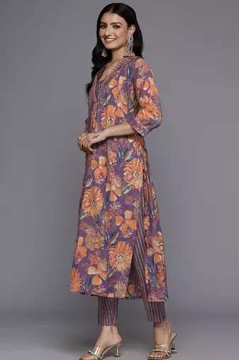 Ethnic Floral Printed Sequinned Kurta With Trousers & Dupatta