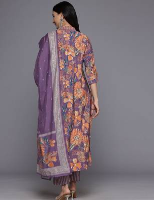 Ethnic Floral Printed Sequinned Kurta With Trousers & Dupatta 6