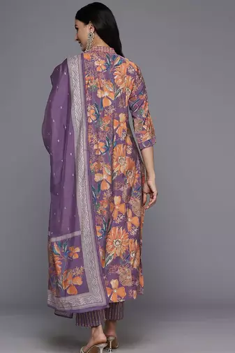 Ethnic Floral Printed Sequinned Kurta With Trousers & Dupatta