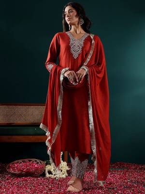 Women Floral Embroidered Regular Thread Work Kurta with Trousers & With Dupatta 1