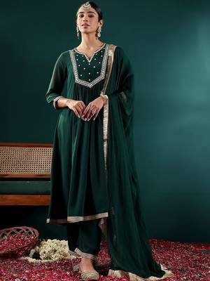 Women Floral Embroidered Empire Silk Georgette Kurta with Trousers & With Dupatta 1