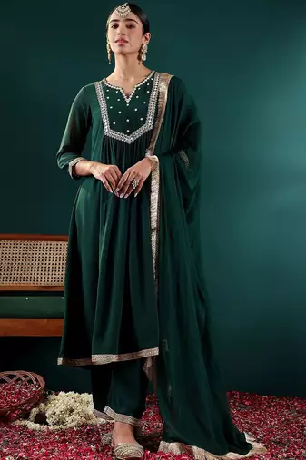 Women Floral Embroidered Empire Silk Georgette Kurta with Trousers & With Dupatta