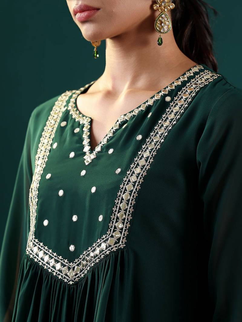 Women Floral Embroidered Empire Silk Georgette Kurta with Trousers & With Dupatta