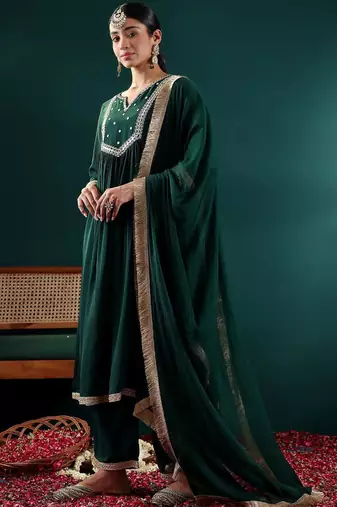 Women Floral Embroidered Empire Silk Georgette Kurta with Trousers & With Dupatta
