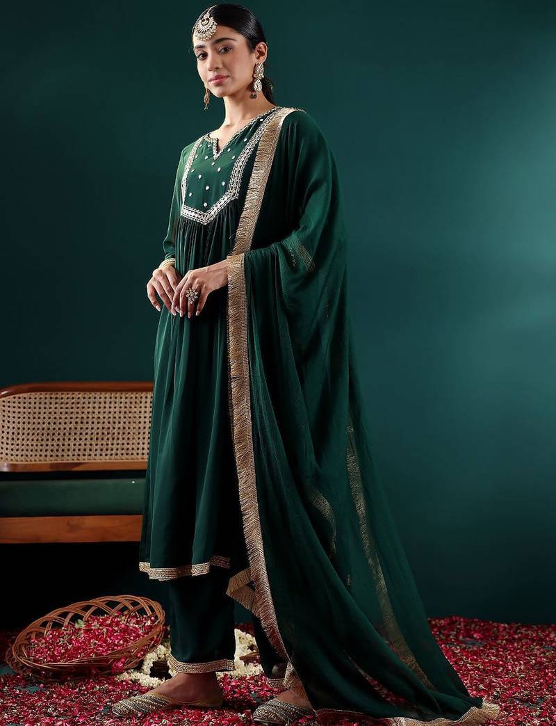 Women Floral Embroidered Empire Silk Georgette Kurta with Trousers & With Dupatta