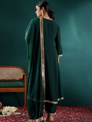 Women Floral Embroidered Empire Silk Georgette Kurta with Trousers & With Dupatta 6