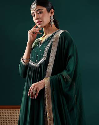 Women Floral Embroidered Empire Silk Georgette Kurta with Trousers & With Dupatta 7