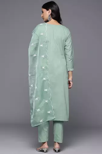 Floral Embroidered Panelled Thread Work Pure Cotton Kurta With Trousers & Dupatta