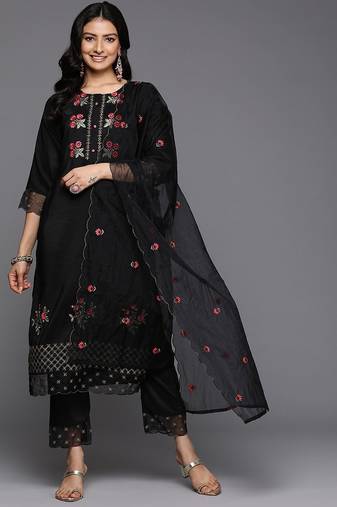 Floral Embroidered Thread Work Kurta With Trousers & Dupatta