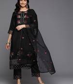 Floral Embroidered Thread Work Kurta With Trousers & Dupatta