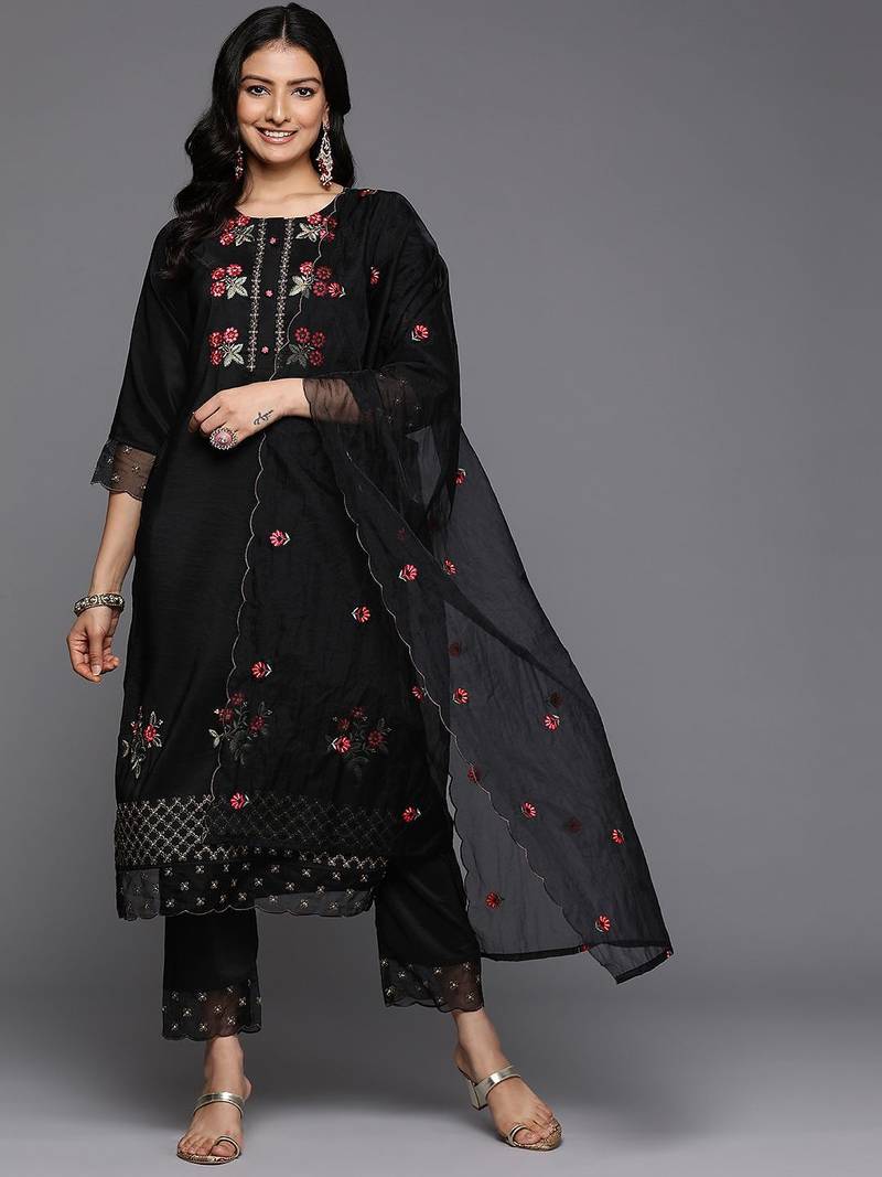 Floral Embroidered Thread Work Kurta With Trousers & Dupatta