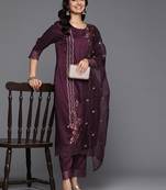 Floral Embroidered Thread Work Kurta With Trousers & Dupatta