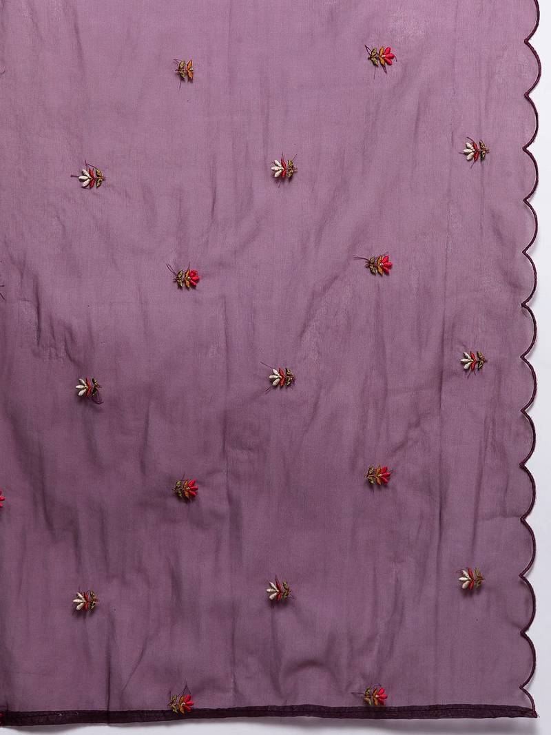 Floral Embroidered Thread Work Kurta With Trousers & Dupatta