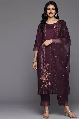 Floral Embroidered Thread Work Kurta With Trousers & Dupatta
