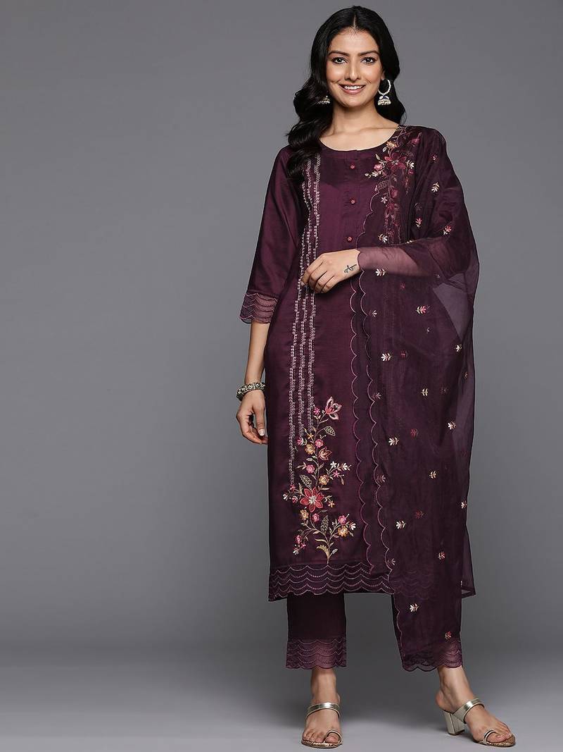 Floral Embroidered Thread Work Kurta With Trousers & Dupatta