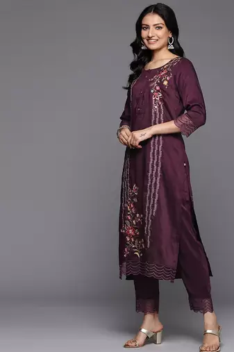 Floral Embroidered Thread Work Kurta With Trousers & Dupatta