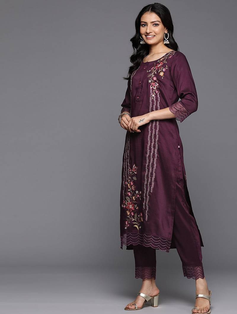 Floral Embroidered Thread Work Kurta With Trousers & Dupatta