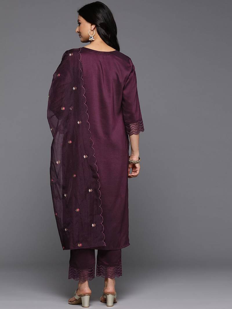 Floral Embroidered Thread Work Kurta With Trousers & Dupatta
