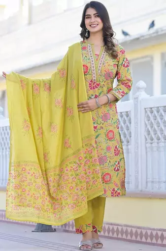 Yellow Printed Mirror Work Pure Cotton Straight Kurta With Trousers & Dupatta