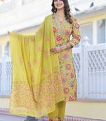 Yellow Printed Mirror Work Pure Cotton Straight Kurta With Trousers & Dupatta
