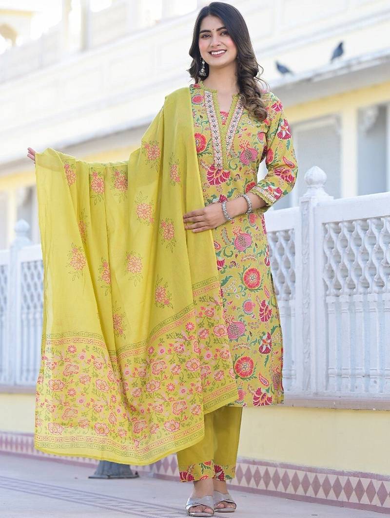 Yellow Printed Mirror Work Pure Cotton Straight Kurta With Trousers & Dupatta