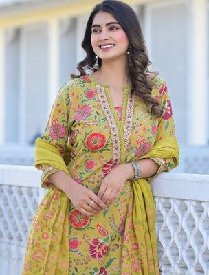 Yellow Printed Mirror Work Pure Cotton Straight Kurta With Trousers & Dupatta 2