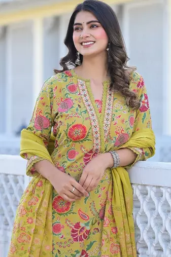 Yellow Printed Mirror Work Pure Cotton Straight Kurta With Trousers & Dupatta