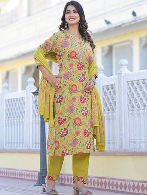 Yellow Printed Mirror Work Pure Cotton Straight Kurta With Trousers & Dupatta 3