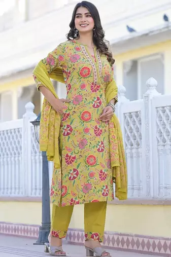 Yellow Printed Mirror Work Pure Cotton Straight Kurta With Trousers & Dupatta