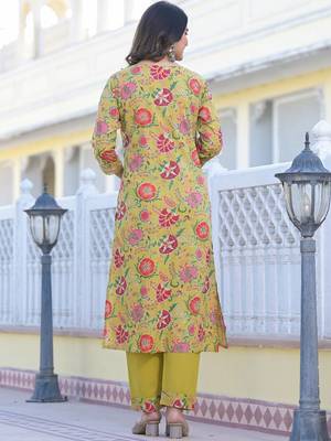 Yellow Printed Mirror Work Pure Cotton Straight Kurta With Trousers & Dupatta 4