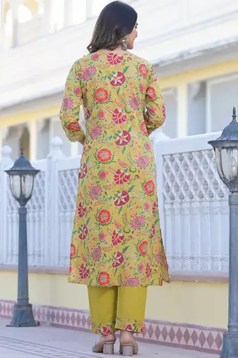 Yellow Printed Mirror Work Pure Cotton Straight Kurta With Trousers & Dupatta