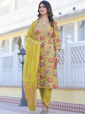 Yellow Printed Mirror Work Pure Cotton Straight Kurta With Trousers & Dupatta 5