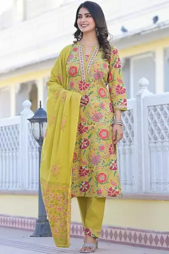 Yellow Printed Mirror Work Pure Cotton Straight Kurta With Trousers & Dupatta