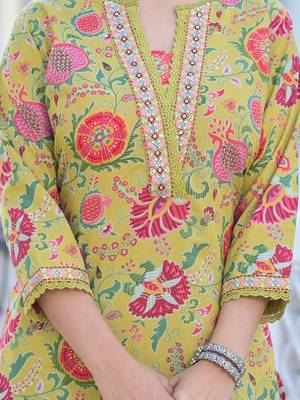 Yellow Printed Mirror Work Pure Cotton Straight Kurta With Trousers & Dupatta 6