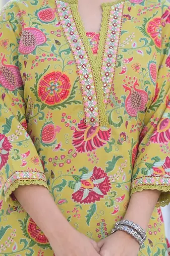 Yellow Printed Mirror Work Pure Cotton Straight Kurta With Trousers & Dupatta