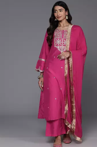 Round Neck Floral Embroidered Regular Straight Kurta with Trousers & With Dupatta